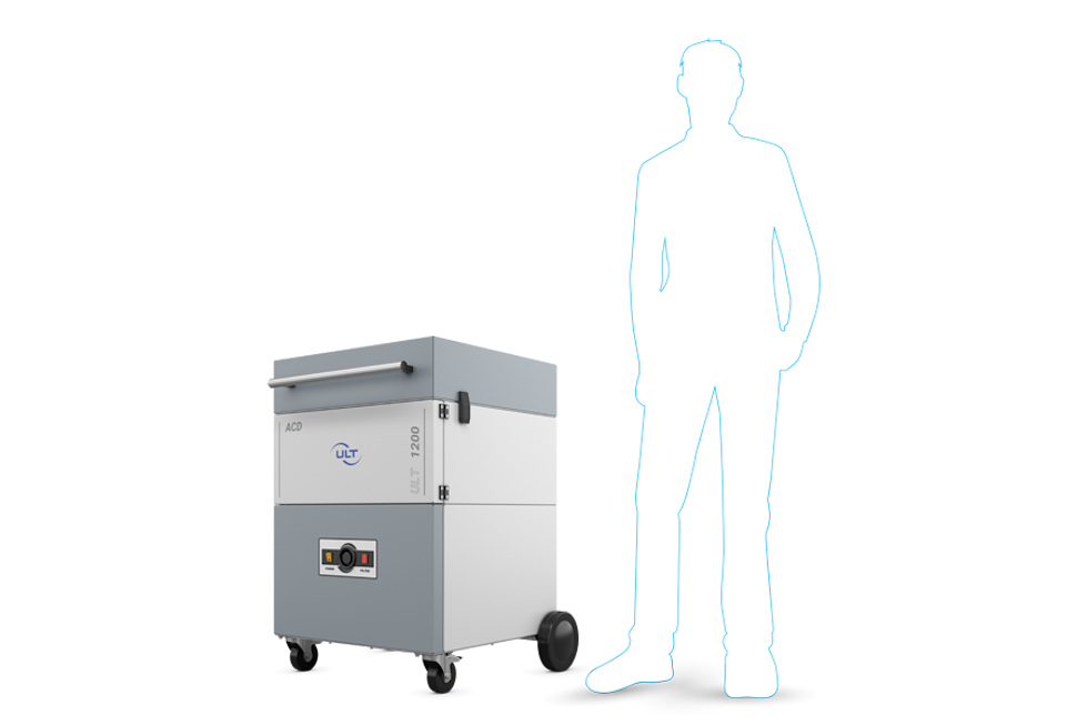 Silhouette of a person next to the ACD 1200 filter system, which shows the size ratio