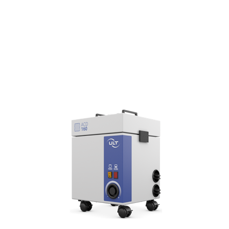 Block-shaped gray device with a blue stripe on the front of the device