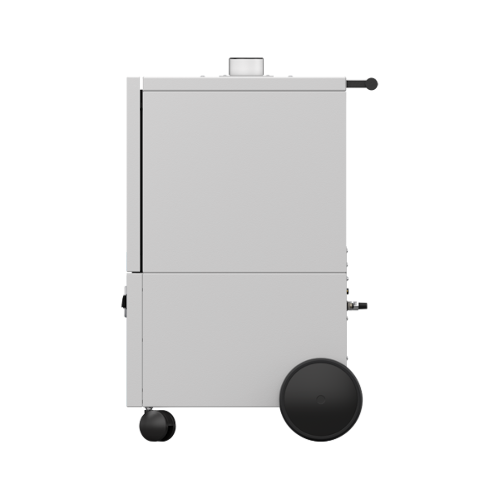 Side view of the appliance with different sized black wheels