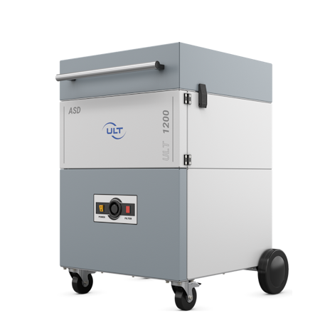 Side view of a grey cuboid device for dust extraction