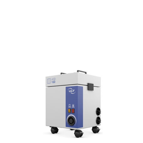 Grey filter system with blue sticker on the front and wheels