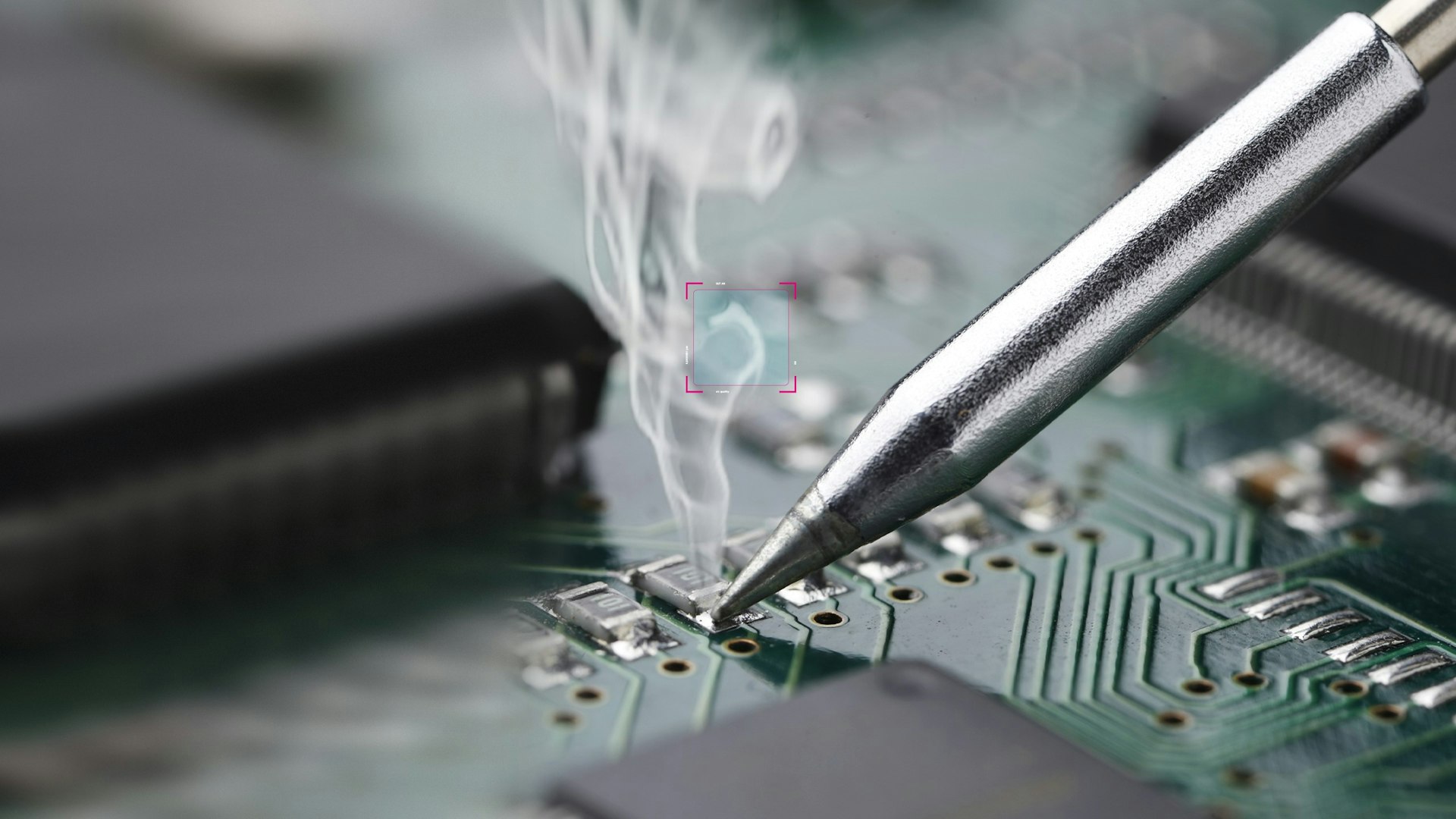 Soldering process with solder iron and rising smoke