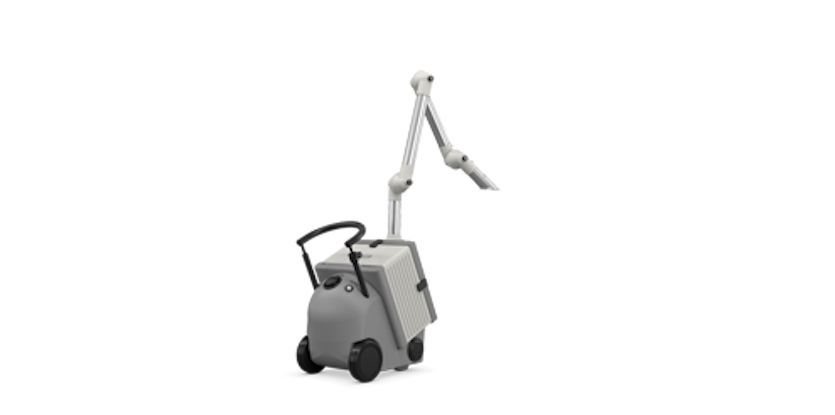Gray device with extraction arm and wheels for mobile extraction of vapors and odors