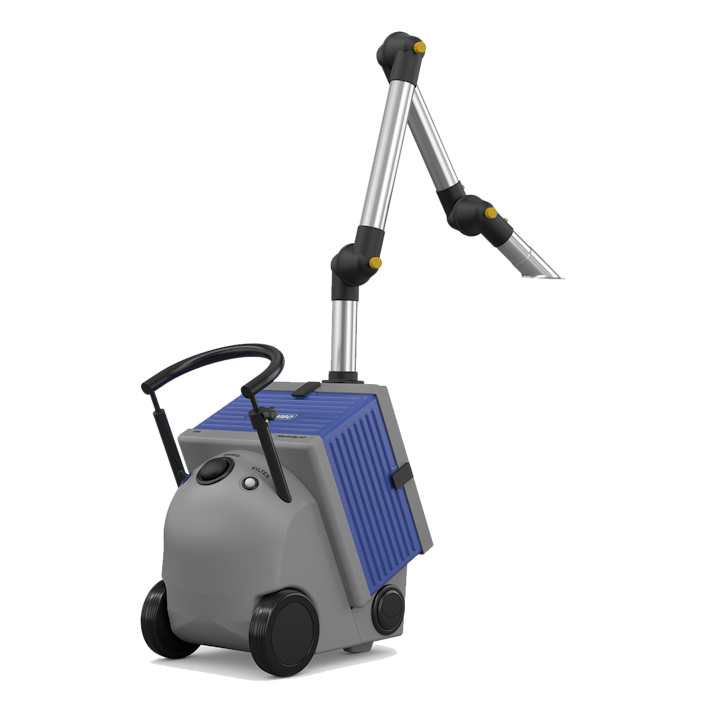 Blue-grey unit with pull-out handle for dust extraction