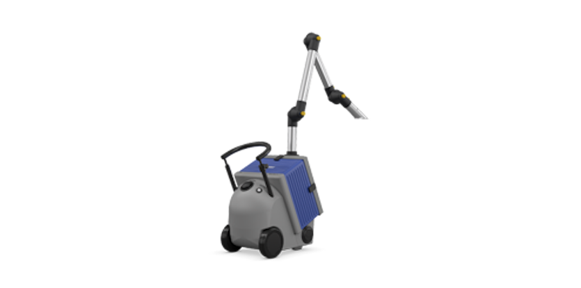 Blue and gray mobile extraction system with pull-out handle and extraction arm