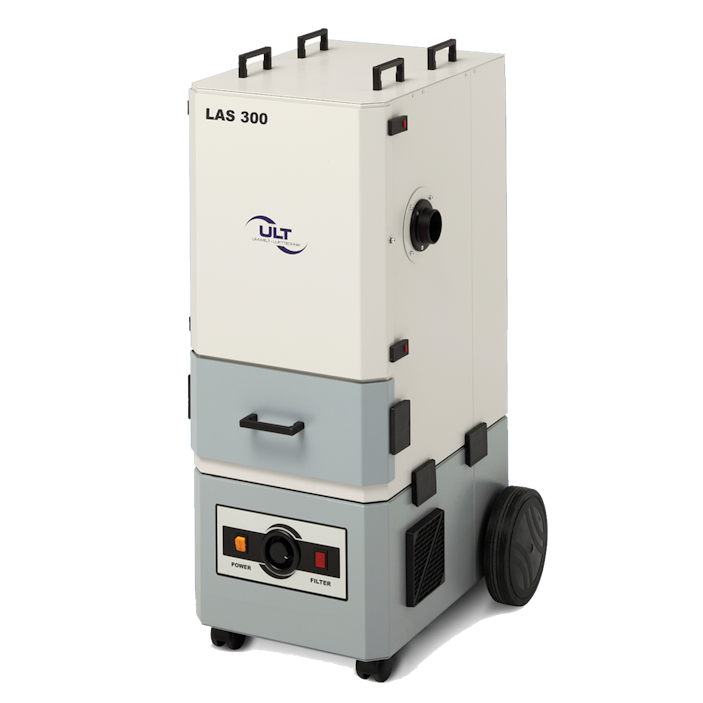Cuboid fume extractor with castors and dust discharge tray