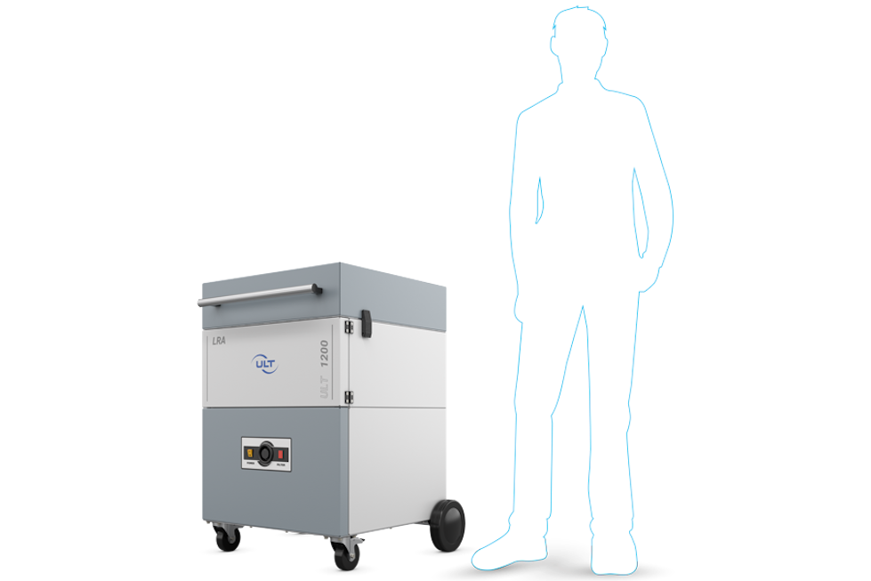 Silhouette of a person next to the device, reaching to the human's waist