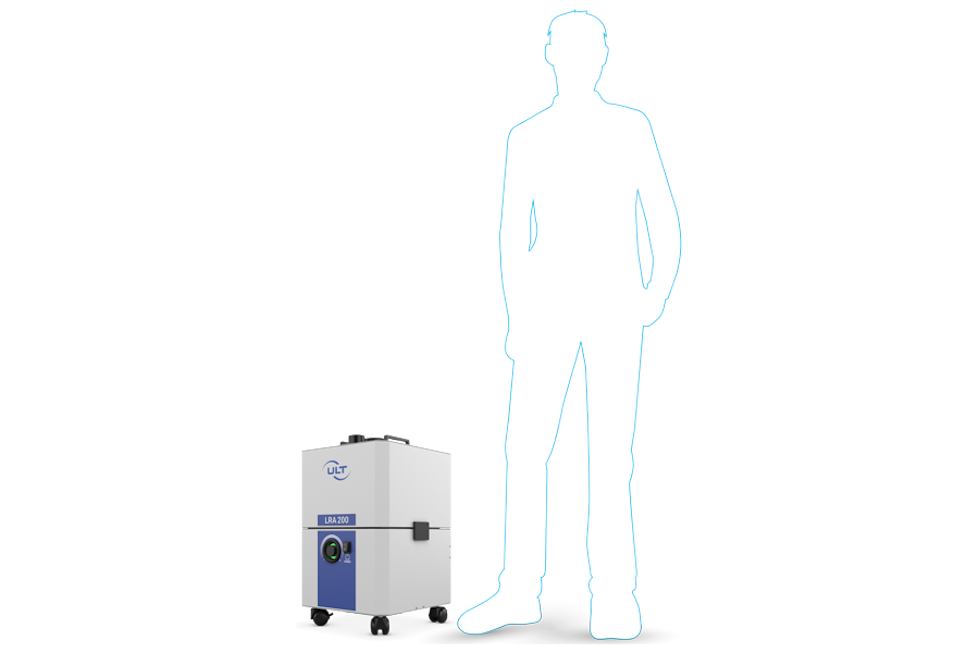 Dimensions of the mobile solder fume extractor compared to a human