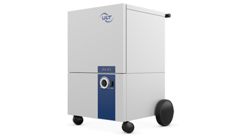 Front view of the grey system with blue sticker on the front