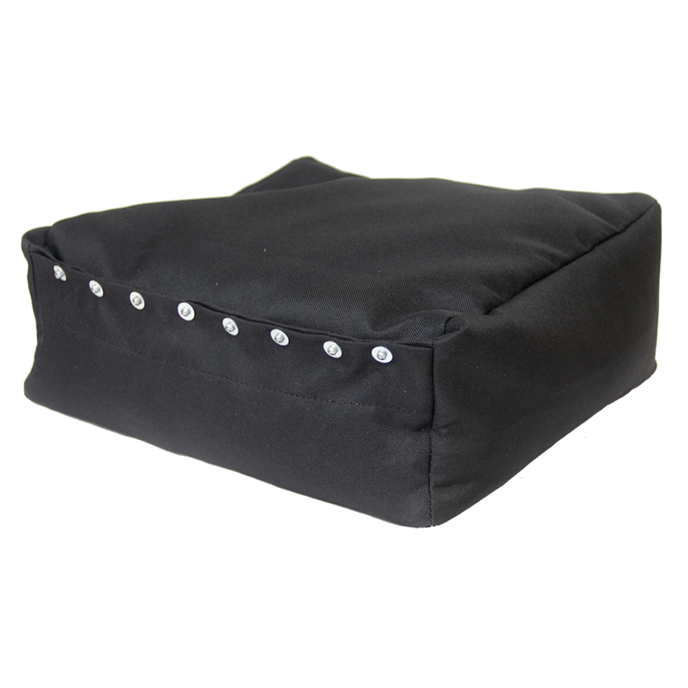 Black cuboid textile bag with silver buttons