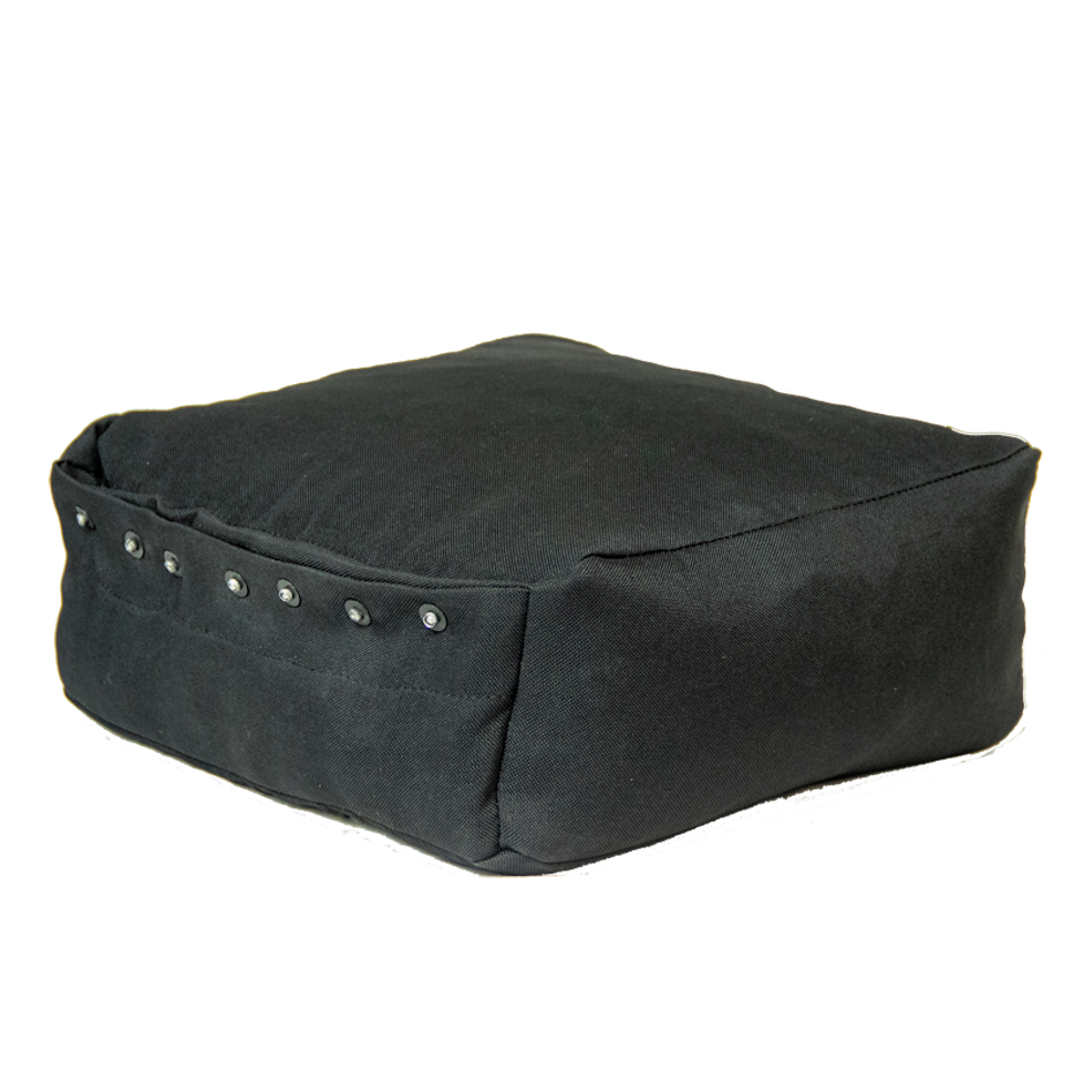 Black rectangular textile bag with small silver buttons