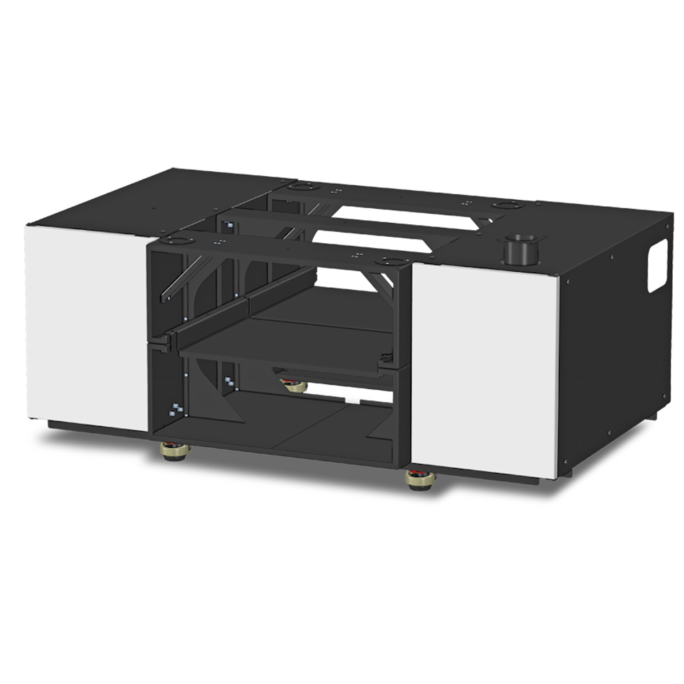 Black box with openings in the middle and white doors at the front