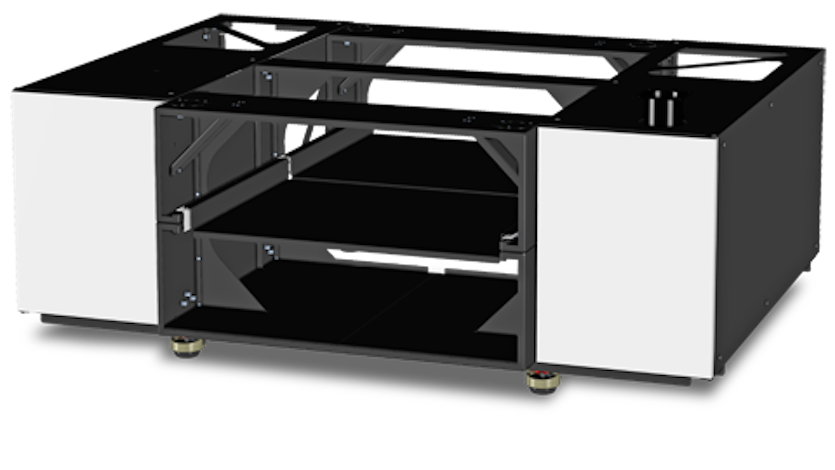 Rendering of a black box with white doors and opening slots