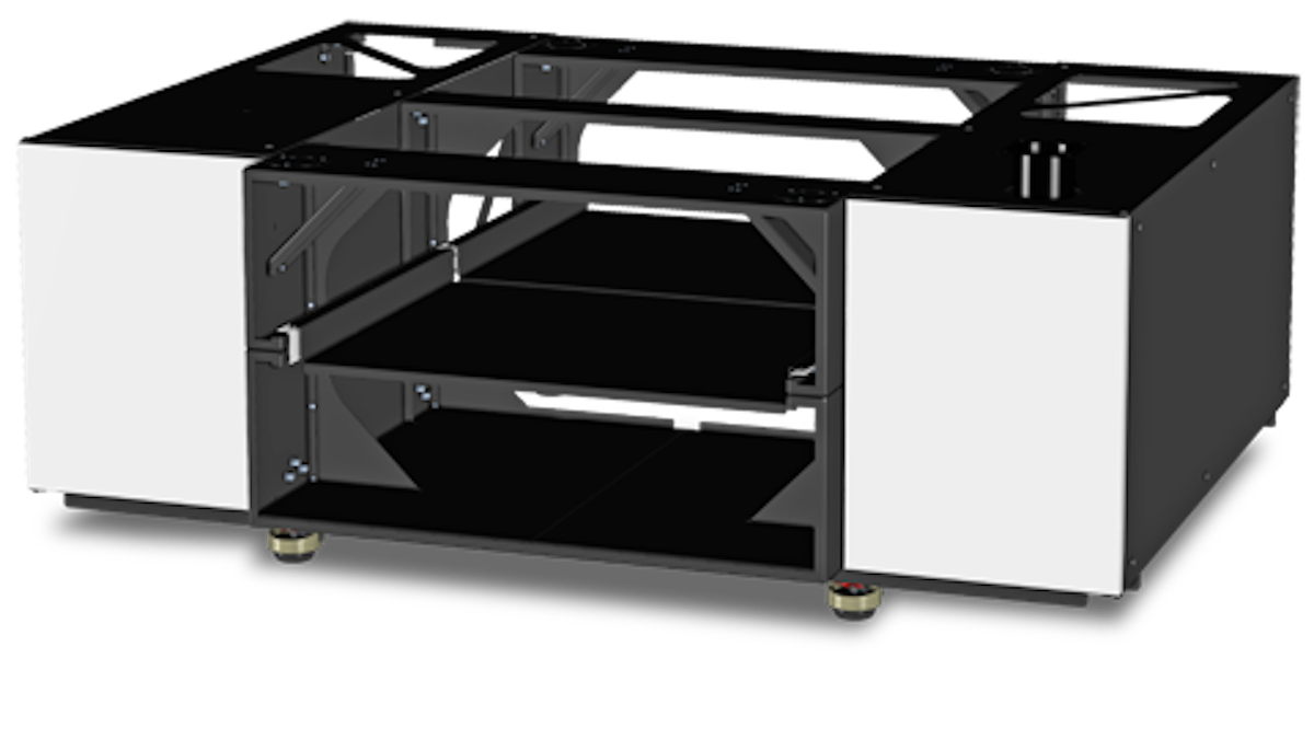 Rendering of a black box with white doors and opening slots
