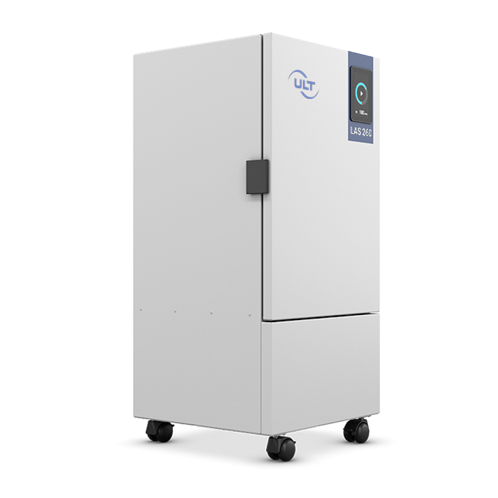 View from the right of the grey filter system with device castors