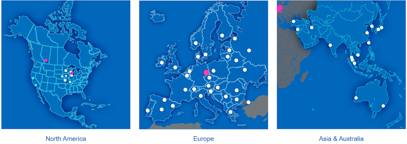 Maps of North America, Europe and Asia/Australia with ULT contacts