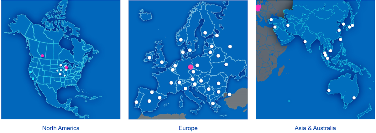 Maps of North America, Europe and Asia/Australia with ULT contacts